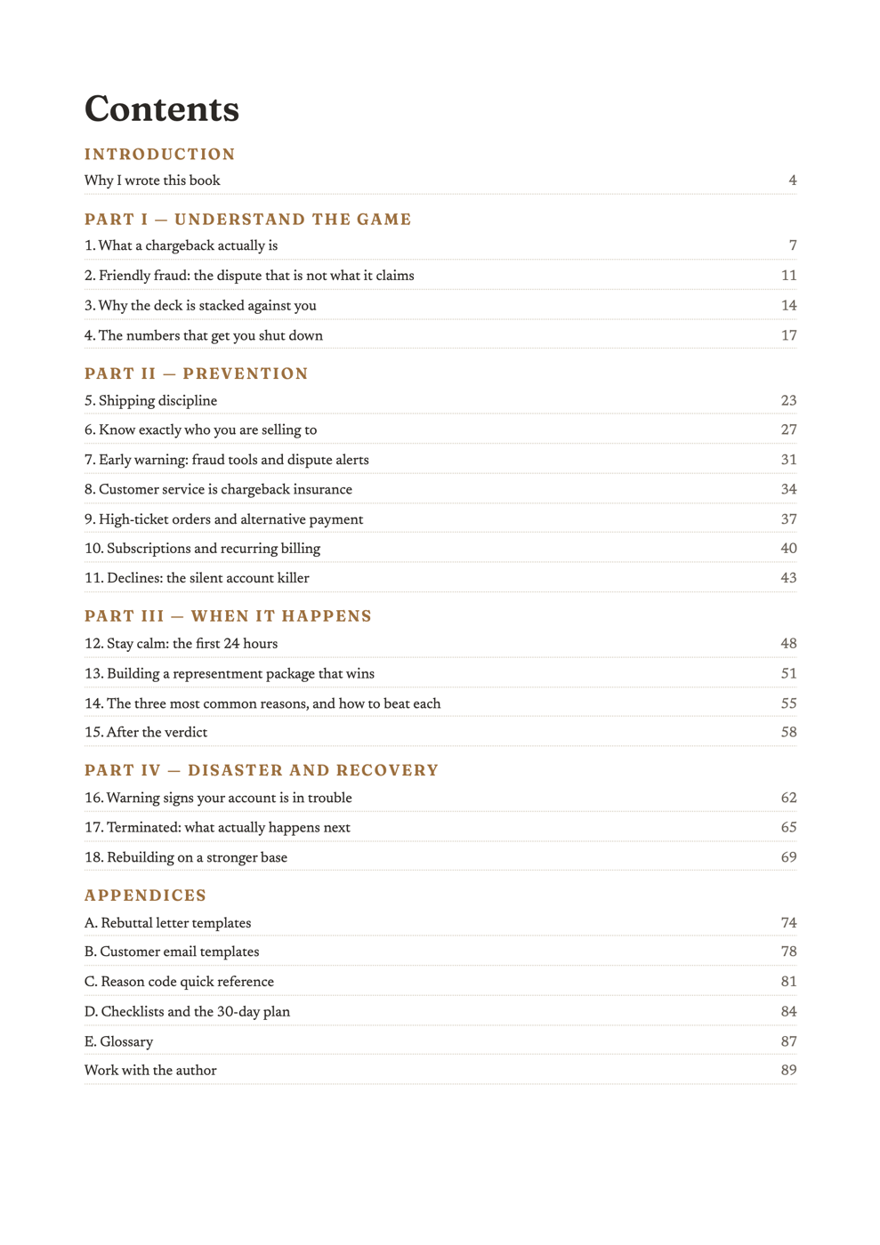 The contents page of Chargeback Proof