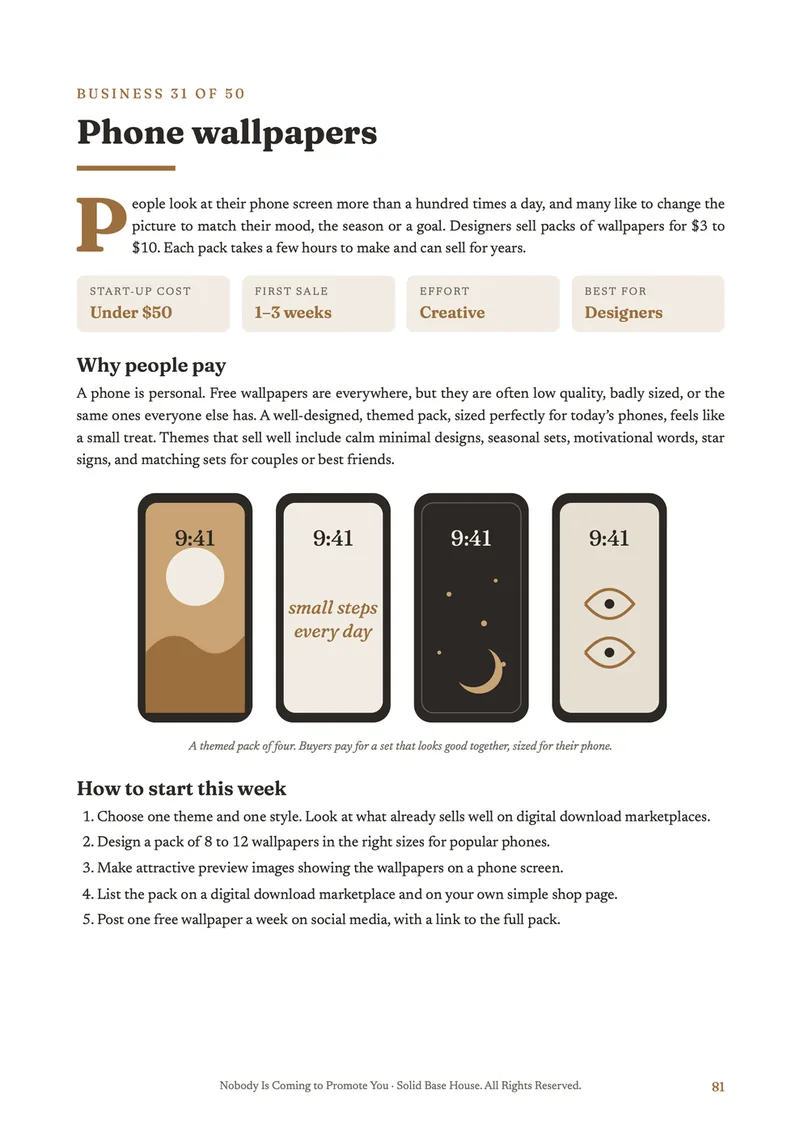 A business chapter from the book, with start-up costs, an illustration and the steps for the first week