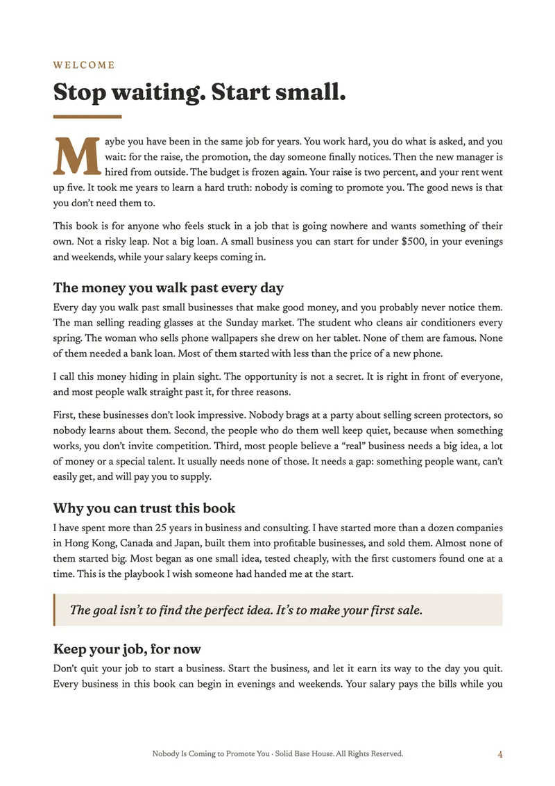 The opening page of Nobody Is Coming to Promote You, ‘Stop waiting. Start small.’