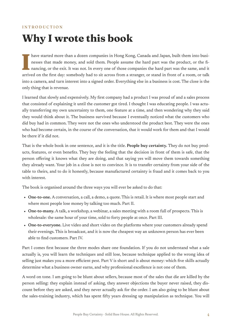 The opening page of People Buy Certainty, ‘Why I wrote this book’
