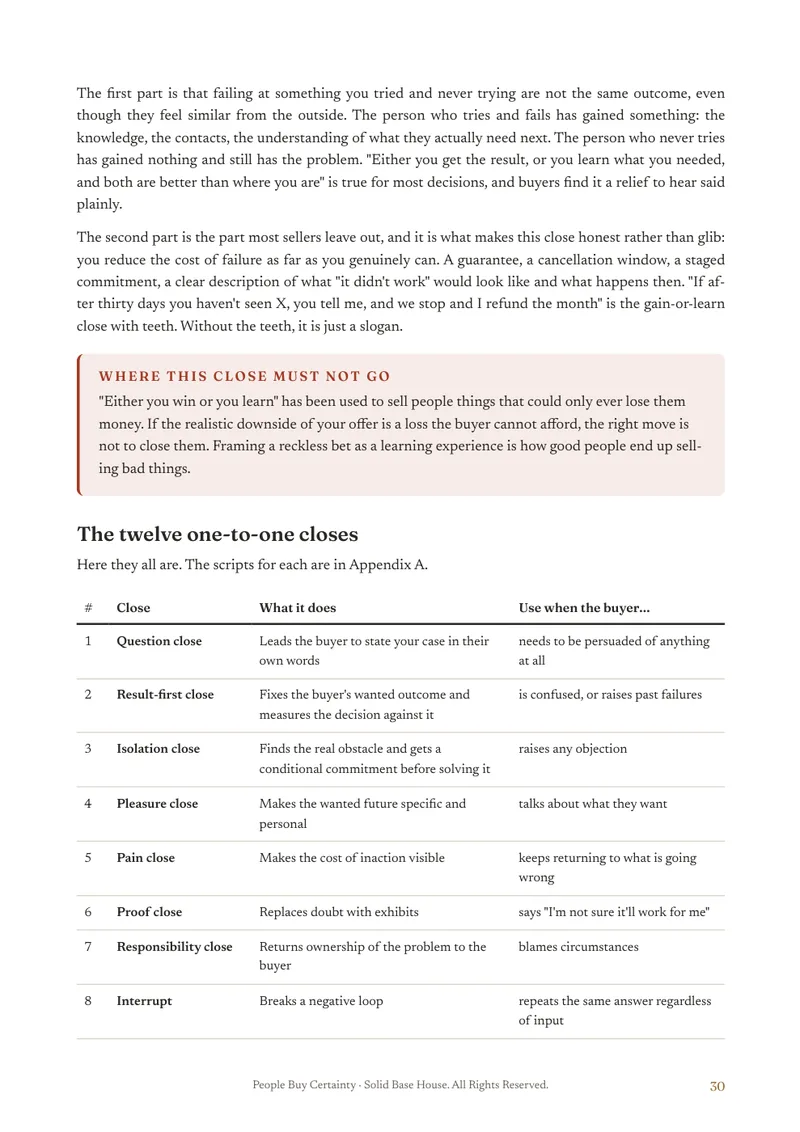 The twelve one-to-one closes on one page, from Chapter 8