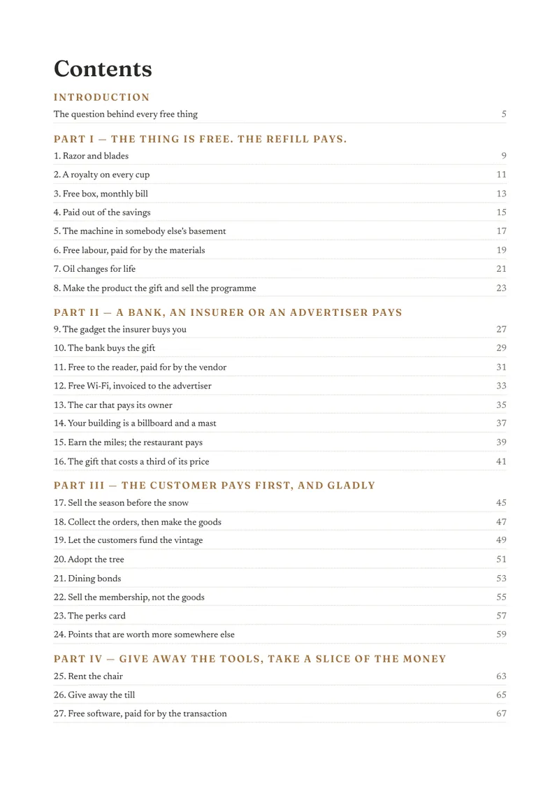 The contents page of Somebody Else Pays