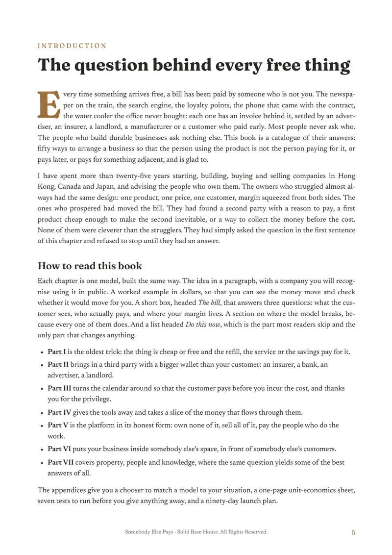 The opening page of Somebody Else Pays, ‘The question behind every free thing’
