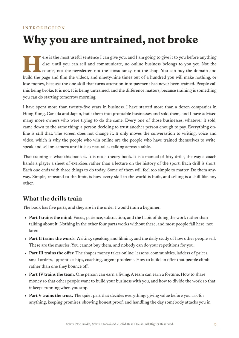 The opening page of You’re Not Broke, You’re Untrained, ‘Why you are untrained, not broke’